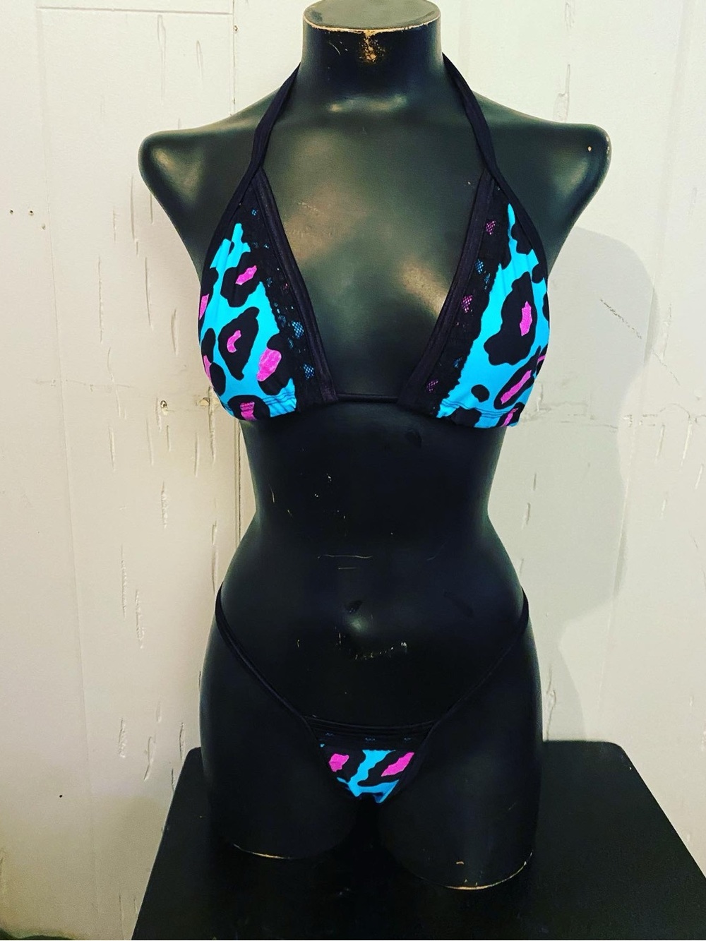 Neon Animal Print Triangle Bikini Top and Bottom - Black, Teal & Pink